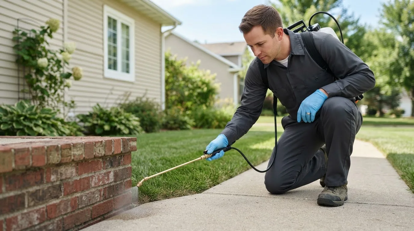 Pest control technician treating a home near New Sweden, ME